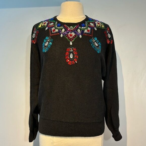 Vintage 80’s Crystal Kobe black jeweled/sequins sweater size large - Picture 1 of 12